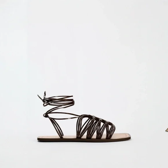 ZARA Flat Lace-up Sandals with multiple straps in Brown Size 40 - Picture 2 of 7